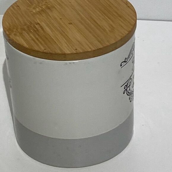 Pfaltzgraff Gray & White Tea Canister with Wooden Bamboo Lid Kitchen Storage - Picture 2 of 6
